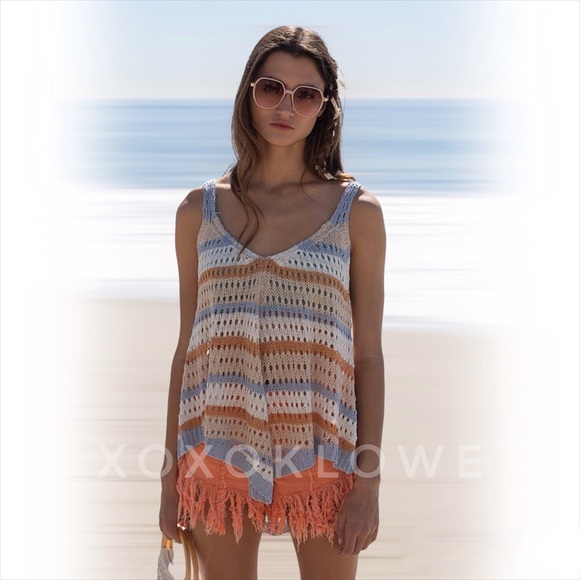 POL Blue + Orange Striped Crochet Open Knit Sleeveless Top - Picture 7 of 15